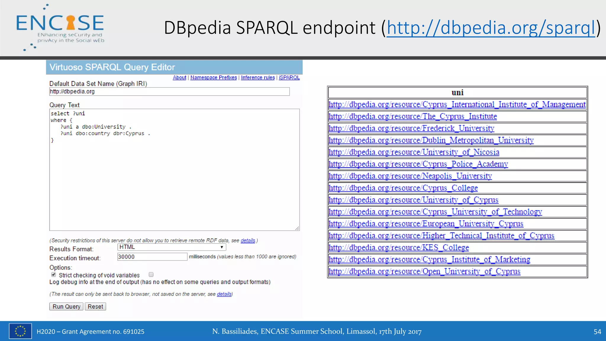 H2020 – Grant Agreement no. 691025
DBpedia SPARQL endpoint (http://dbpedia.org/sparql)
N. Bassiliades, ENCASE Summer School, Limassol, 17th July 2017 54
 