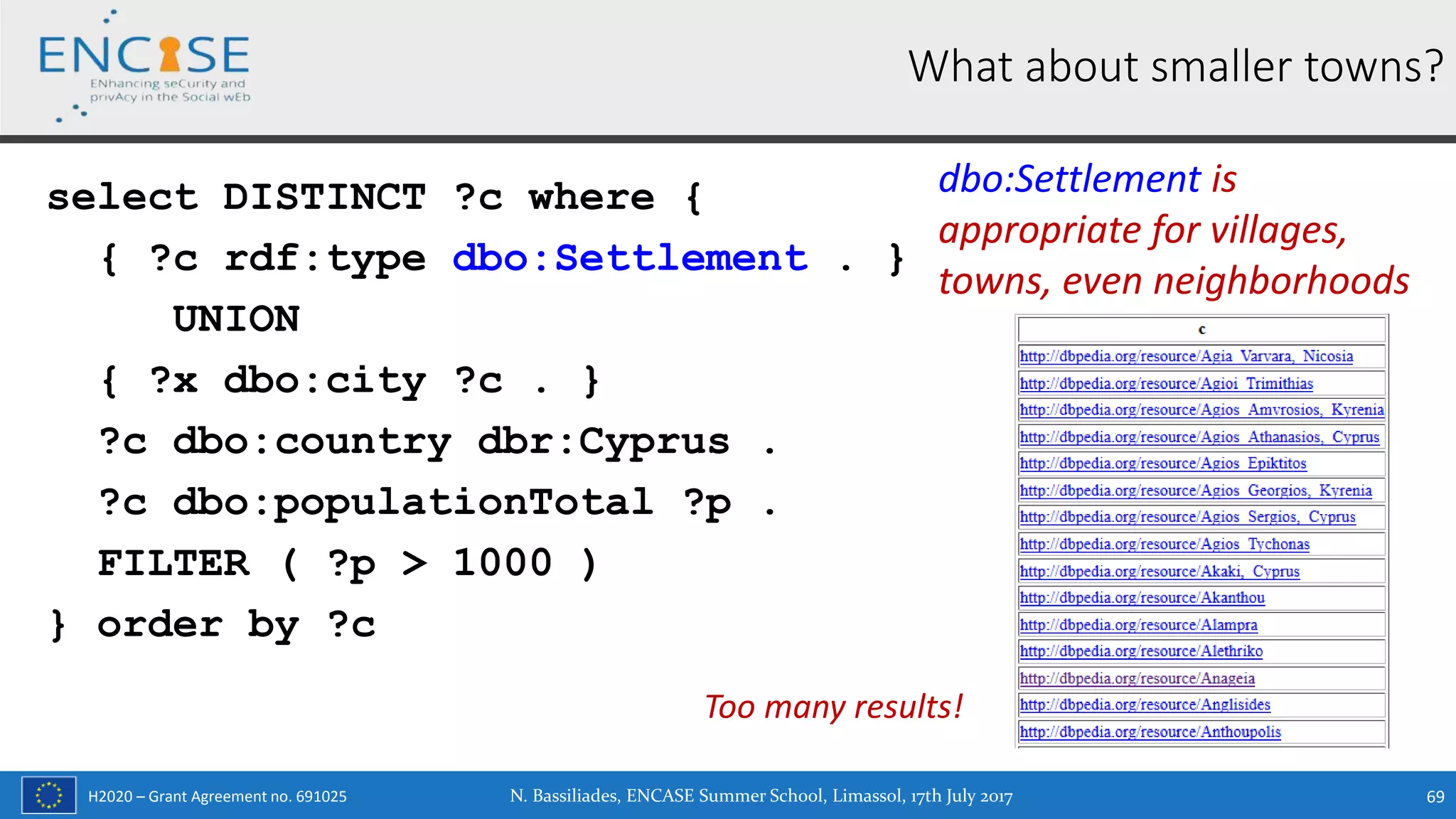 H2020 – Grant Agreement no. 691025
What about smaller towns?
select DISTINCT ?c where {
{ ?c rdf:type dbo:Settlement . }
UNION
{ ?x dbo:city ?c . }
?c dbo:country dbr:Cyprus .
?c dbo:populationTotal ?p .
FILTER ( ?p > 1000 )
} order by ?c
N. Bassiliades, ENCASE Summer School, Limassol, 17th July 2017 69
dbo:Settlement is
appropriate for villages,
towns, even neighborhoods
Too many results!
 