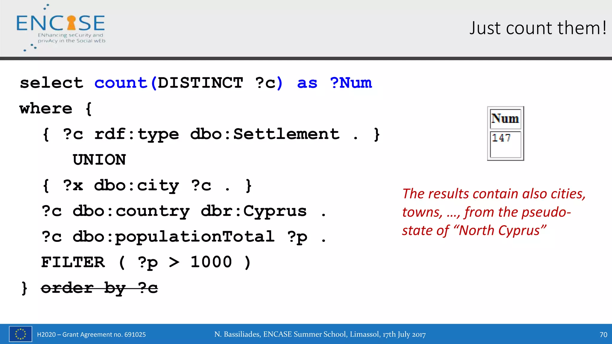 H2020 – Grant Agreement no. 691025
Just count them!
select count(DISTINCT ?c) as ?Num
where {
{ ?c rdf:type dbo:Settlement . }
UNION
{ ?x dbo:city ?c . }
?c dbo:country dbr:Cyprus .
?c dbo:populationTotal ?p .
FILTER ( ?p > 1000 )
} order by ?c
N. Bassiliades, ENCASE Summer School, Limassol, 17th July 2017 70
The results contain also cities,
towns, …, from the pseudo-
state of “North Cyprus”
 