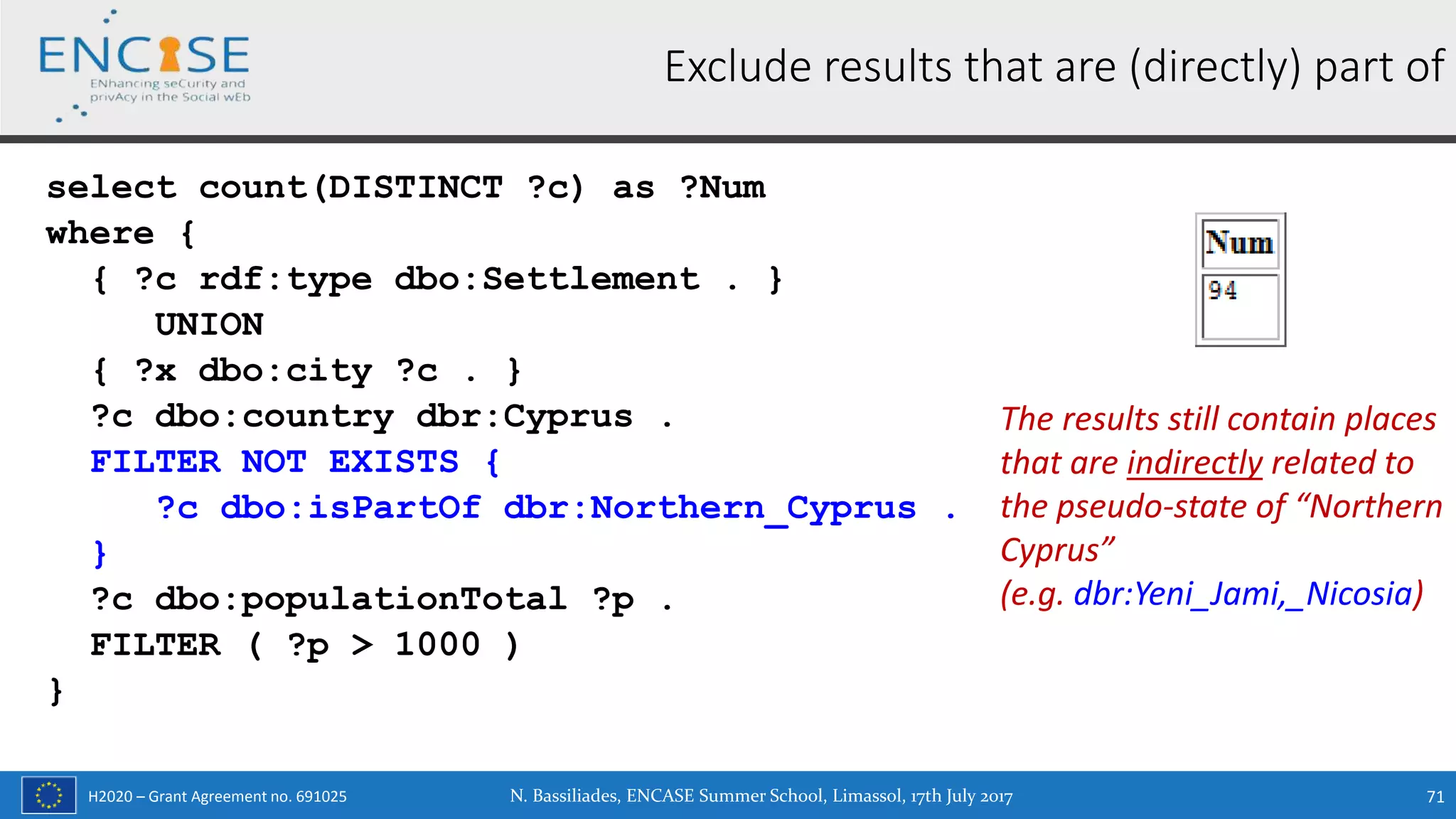 H2020 – Grant Agreement no. 691025
Exclude results that are (directly) part of
select count(DISTINCT ?c) as ?Num
where {
{ ?c rdf:type dbo:Settlement . }
UNION
{ ?x dbo:city ?c . }
?c dbo:country dbr:Cyprus .
FILTER NOT EXISTS {
?c dbo:isPartOf dbr:Northern_Cyprus .
}
?c dbo:populationTotal ?p .
FILTER ( ?p > 1000 )
}
N. Bassiliades, ENCASE Summer School, Limassol, 17th July 2017 71
The results still contain places
that are indirectly related to
the pseudo-state of “Northern
Cyprus”
(e.g. dbr:Yeni_Jami,_Nicosia)
 