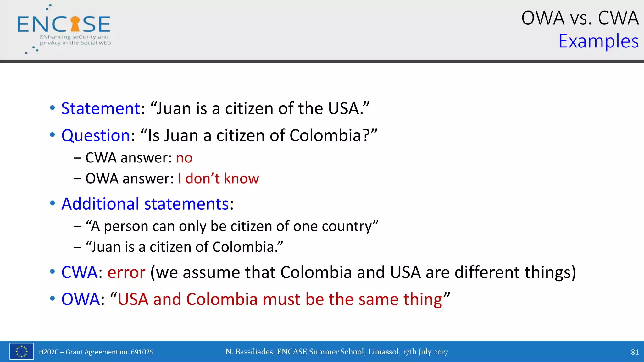 H2020 – Grant Agreement no. 691025
• Statement: “Juan is a citizen of the USA.”
• Question: “Is Juan a citizen of Colombia?”
‒ CWA answer: no
‒ OWA answer: I don’t know
• Additional statements:
‒ “A person can only be citizen of one country”
‒ “Juan is a citizen of Colombia.”
• CWA: error (we assume that Colombia and USA are different things)
• OWA: “USA and Colombia must be the same thing”
OWA vs. CWA
Examples
N. Bassiliades, ENCASE Summer School, Limassol, 17th July 2017 81
 