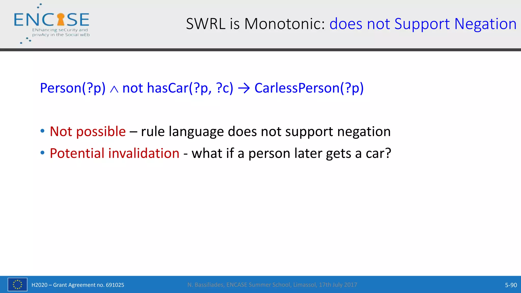 H2020 – Grant Agreement no. 691025
Person(?p)  not hasCar(?p, ?c) → CarlessPerson(?p)
• Not possible – rule language does not support negation
• Potential invalidation - what if a person later gets a car?
N. Bassiliades, ENCASE Summer School, Limassol, 17th July 2017 5-90
SWRL is Monotonic: does not Support Negation
 