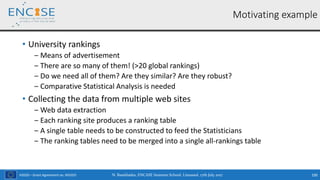H2020 – Grant Agreement no. 691025
• University rankings
‒ Means of advertisement
‒ There are so many of them! (>20 global rankings)
‒ Do we need all of them? Are they similar? Are they robust?
‒ Comparative Statistical Analysis is needed
• Collecting the data from multiple web sites
‒ Web data extraction
‒ Each ranking site produces a ranking table
‒ A single table needs to be constructed to feed the Statisticians
‒ The ranking tables need to be merged into a single all-rankings table
N. Bassiliades, ENCASE Summer School, Limassol, 17th July 2017 100
Motivating example
 