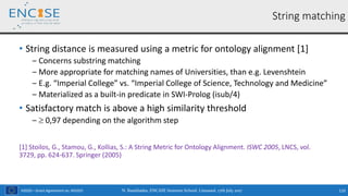 H2020 – Grant Agreement no. 691025
• String distance is measured using a metric for ontology alignment [1]
‒ Concerns substring matching
‒ More appropriate for matching names of Universities, than e.g. Levenshtein
‒ E.g. “Imperial College” vs. “Imperial College of Science, Technology and Medicine”
‒ Materialized as a built-in predicate in SWI-Prolog (isub/4)
• Satisfactory match is above a high similarity threshold
‒  0,97 depending on the algorithm step
[1] Stoilos, G., Stamou, G., Kollias, S.: A String Metric for Ontology Alignment. ISWC 2005, LNCS, vol.
3729, pp. 624-637. Springer (2005)
N. Bassiliades, ENCASE Summer School, Limassol, 17th July 2017 110
String matching
 