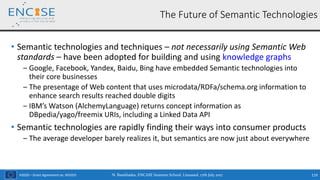 H2020 – Grant Agreement no. 691025
• Semantic technologies and techniques – not necessarily using Semantic Web
standards – have been adopted for building and using knowledge graphs
‒ Google, Facebook, Yandex, Baidu, Bing have embedded Semantic technologies into
their core businesses
‒ The presentage of Web content that uses microdata/RDFa/schema.org information to
enhance search results reached double digits
‒ IBM’s Watson (AlchemyLanguage) returns concept information as
DBpedia/yago/freemix URIs, including a Linked Data API
• Semantic technologies are rapidly finding their ways into consumer products
‒ The average developer barely realizes it, but semantics are now just about everywhere
N. Bassiliades, ENCASE Summer School, Limassol, 17th July 2017 119
The Future of Semantic Technologies
 