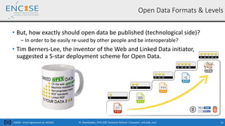 H2020 – Grant Agreement no. 691025
• But, how exactly should open data be published (technological side)?
‒ In order to be easily re-used by other people and be interoperable?
• Tim Berners-Lee, the inventor of the Web and Linked Data initiator,
suggested a 5-star deployment scheme for Open Data.
N. Bassiliades, ENCASE Summer School, Limassol, 17th July 2017 13
Open Data Formats & Levels
 