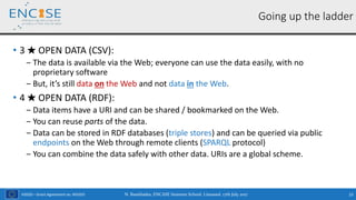 H2020 – Grant Agreement no. 691025
• 3 ★ OPEN DATA (CSV):
‒ The data is available via the Web; everyone can use the data easily, with no
proprietary software
‒ But, it’s still data on the Web and not data in the Web.
• 4 ★ OPEN DATA (RDF):
‒ Data items have a URI and can be shared / bookmarked on the Web.
‒ You can reuse parts of the data.
‒ Data can be stored in RDF databases (triple stores) and can be queried via public
endpoints on the Web through remote clients (SPARQL protocol)
‒ You can combine the data safely with other data. URIs are a global scheme.
N. Bassiliades, ENCASE Summer School, Limassol, 17th July 2017 15
Going up the ladder
 