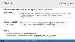 H2020 – Grant Agreement no. 691025
• There are several ways of writing RDF triples into a file.
• RDF+XML
• Turtle (and N3)
‒ N-triples
• RDFa
‒ Embed triples into an HTML document
‒ Triples can be extracted from the web page by tools (e.g. pyRdfa)
N. Bassiliades, ENCASE Summer School, Limassol, 17th July 2017 25
RDF Documents
 
