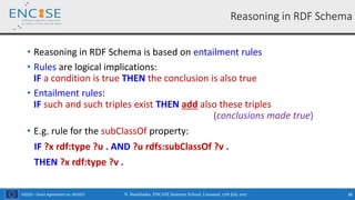 H2020 – Grant Agreement no. 691025
• Reasoning in RDF Schema is based on entailment rules
• Rules are logical implications:
IF a condition is true THEN the conclusion is also true
• Entailment rules:
IF such and such triples exist THEN add also these triples
(conclusions made true)
• E.g. rule for the subClassOf property:
IF ?x rdf:type ?u . AND ?u rdfs:subClassOf ?v .
THEN ?x rdf:type ?v .
N. Bassiliades, ENCASE Summer School, Limassol, 17th July 2017 38
Reasoning in RDF Schema
 