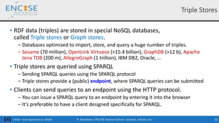 H2020 – Grant Agreement no. 691025
• RDF data (triples) are stored in special NoSQL databases,
called Triple stores or Graph stores.
‒ Databases optimized to import, store, and query a huge number of triples.
‒ Sesame (70 million), OpenLink Virtuoso (>15.4 billion), GraphDB (>12 b), Apache
Jena TDB (200 m), AllegroGraph (1 trillion), IBM DB2, Oracle, …
• Triple stores are queried using SPARQL
‒ Sending SPARQL queries using the SPARQL protocol
‒ Triple stores provide a (public) endpoint, where SPARQL queries can be submitted
• Clients can send queries to an endpoint using the HTTP protocol.
‒ You can issue a SPARQL query to an endpoint by entering it into the browser
‒ It’s preferable to have a client designed specifically for SPARQL.
N. Bassiliades, ENCASE Summer School, Limassol, 17th July 2017 53
Triple Stores
 