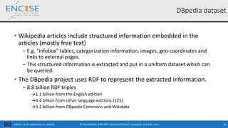 H2020 – Grant Agreement no. 691025
• Wikipedia articles include structured information embedded in the
articles (mostly free text)
‒ E.g. "infobox" tables, categorization information, images, geo-coordinates and
links to external pages.
‒ This structured information is extracted and put in a uniform dataset which can
be queried.
• The DBpedia project uses RDF to represent the extracted information.
‒ 8.8 billion RDF triples
→1.1 billion from the English edition
→4.4 billion from other language editions (125)
→3.2 billion from DBpedia Commons and Wikidata
DBpedia dataset
N. Bassiliades, ENCASE Summer School, Limassol, 17th July 2017 56
 