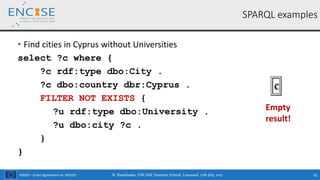 H2020 – Grant Agreement no. 691025
SPARQL examples
• Find cities in Cyprus without Universities
select ?c where {
?c rdf:type dbo:City .
?c dbo:country dbr:Cyprus .
FILTER NOT EXISTS {
?u rdf:type dbo:University .
?u dbo:city ?c .
}
}
Empty
result!
N. Bassiliades, ENCASE Summer School, Limassol, 17th July 2017 61
 