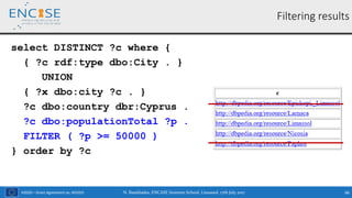 H2020 – Grant Agreement no. 691025
Filtering results
select DISTINCT ?c where {
{ ?c rdf:type dbo:City . }
UNION
{ ?x dbo:city ?c . }
?c dbo:country dbr:Cyprus .
?c dbo:populationTotal ?p .
FILTER ( ?p >= 50000 )
} order by ?c
N. Bassiliades, ENCASE Summer School, Limassol, 17th July 2017 66
 