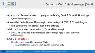 H2020 – Grant Agreement no. 691025
• A proposed Semantic Web language combining OWL 2 DL with Horn logic
‒ Syntax: Datalog RuleML
• Allows the definition of Horn-logic rules on top of OWL 2 DL ontologies
‒ Rule conclusions are “stored” back in the ontology
• SWRL unites the expressivities of DL and Horn-logic
‒ OWL 2 RL combines the advantages of both languages in their common
sublanguage
• SWRL is intractable
‒ DL-safe rules: tractable subset of SWRL
→Every variable must appear in a non-DL atom in the rule body
Semantic Web Rules Language (SWRL)
N. Bassiliades, ENCASE Summer School, Limassol, 17th July 2017 86
 