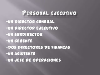 -Un director general
-Un director ejecutivo
-Un subdirector
-Un gerente
-Dos directores de finanzas
-Un asistente
-Un jefe de operaciones
 