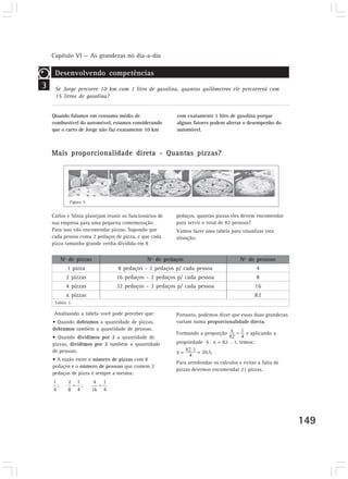Capítulo VI — As grandezas no dia-a-dia
149
Quando falamos em consumo médio de
combustível do automóvel, estamos considerando
que o carro de Jorge não faz exatamente 10 km
3
Desenvolvendo competências
Se Jorge percorre 10 km com 1 litro de gasolina, quantos quilômetros ele percorrerá com
15 litros de gasolina?
Carlos e Sônia planejam reunir os funcionários de
sua empresa para uma pequena comemoração.
Para isso vão encomendar pizzas. Supondo que
cada pessoa coma 2 pedaços de pizza, e que cada
pizza tamanho grande venha dividida em 8
Analisando a tabela você pode perceber que:
• Quando dobramos a quantidade de pizzas,
dobramos também a quantidade de pessoas.
• Quando dividimos por 2 a quantidade de
pizzas, dividimos por 2 também a quantidade
de pessoas.
• A razão entre o número de pizzas com 8
pedaços e o número de pessoas que comem 2
pedaços de pizza é sempre a mesma:
Nº de pizzas
1 pizza
2 pizzas
4 pizzas
x pizzas
Nº de pedaços
8 pedaços - 2 pedaços p/ cada pessoa
16 pedaços - 2 pedaços p/ cada pessoa
32 pedaços - 2 pedaços p/ cada pessoa
Tabela 2
Nº de pessoas
4
8
16
82
Mais proporcionalidade direta - Quantas pizzas?
Portanto, podemos dizer que essas duas grandezas
variam numa proporcionalidade direta.
Formando a proporção e aplicando a
propriedade 4 . x = 82 . 1, temos:
x = = 20,5.
Para arredondar os cálculos e evitar a falta de
pizzas devemos encomendar 21 pizzas.
com exatamente 1 litro de gasolina porque
alguns fatores podem alterar o desempenho do
automóvel.
pedaços, quantas pizzas eles devem encomendar
para servir o total de 82 pessoas?
Vamos fazer uma tabela para visualizar esta
situação:
Figura 5
 