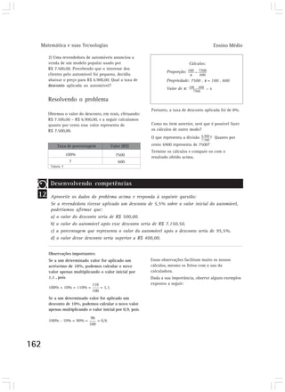 Matemática e suas Tecnologias Ensino Médio
162
2) Uma revendedora de automóveis anunciou a
venda de um modelo popular usado por
R$ 7.500,00. Percebendo que o interesse dos
clientes pelo automóvel foi pequeno, decidiu
abaixar o preço para R$ 6.900,00. Qual a taxa de
desconto aplicada ao automóvel?
Resolvendo o problema
Obtemos o valor do desconto, em reais, efetuando:
R$ 7.500,00 – R$ 6.900,00, e a seguir calculamos
quanto por cento esse valor representa de
R$ 7.500,00.
Cálculos:
Proporção:
Propriedade: 7500 . x = 100 . 600
Valor de x:
Portanto, a taxa de desconto aplicada foi de 8%.
Como no item anterior, será que é possível fazer
os cálculos de outro modo?
O que representa a divisão ? Quanto por
cento 6900 representa de 7500?
Termine os cálculos e compare-os com o
resultado obtido acima.
7500
600
Taxa de porcentagem Valor (R$)
Tabela 7
100%
?
12
Desenvolvendo competências
Aproveite os dados do problema acima e responda à seguinte questão:
Se a revendedora tivesse aplicado um desconto de 5,5% sobre o valor inicial do automóvel,
poderíamos afirmar que:
a) o valor do desconto seria de R$ 500,00.
b) o valor do automóvel após esse desconto seria de R$ 7.150,50.
c) a porcentagem que representa o valor do automóvel após o desconto seria de 95,5%.
d) o valor desse desconto seria superior a R$ 400,00.
Observações importantes:
Se a um determinado valor for aplicado um
acréscimo de 10%, podemos calcular o novo
valor apenas multiplicando o valor inicial por
1,1 , pois
100% + 10% = 110% = = 1,1.
Se a um determinado valor for aplicado um
desconto de 10%, podemos calcular o novo valor
apenas multiplicando o valor inicial por 0,9, pois
100% - 10% = 90% = = 0,9.
Essas observações facilitam muito os nossos
cálculos, mesmo os feitos com o uso da
calculadora.
Dada a sua importância, observe alguns exemplos
expostos a seguir:
 