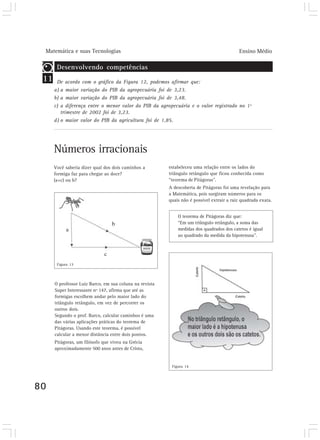 Matemática e suas Tecnologias Ensino Médio
80
11
Desenvolvendo competências
De acordo com o gráfico da Figura 12, podemos afirmar que:
a) a maior variação do PIB da agropecuária foi de 3,23.
b) a maior variação do PIB da agropecuária foi de 3,48.
c) a diferença entre o menor valor do PIB da agropecuária e o valor registrado no 1º
trimestre de 2002 foi de 3,23.
d) o maior valor do PIB da agricultura foi de 1,85.
Números irracionais
Você saberia dizer qual dos dois caminhos a
formiga faz para chegar ao doce?
(a+c) ou b?
O professor Luiz Barco, em sua coluna na revista
Super Interessante nº 147, afirma que até as
formigas escolhem andar pelo maior lado do
triângulo retângulo, em vez de percorrer os
outros dois.
Segundo o prof. Barco, calcular caminhos é uma
das várias aplicações práticas do teorema de
Pitágoras. Usando este teorema, é possível
calcular a menor distância entre dois pontos.
Pitágoras, um filósofo que viveu na Grécia
aproximadamente 500 anos antes de Cristo,
Figura 13
a
b
c
Figura 14
estabeleceu uma relação entre os lados do
triângulo retângulo que ficou conhecida como
“teorema de Pitágoras”.
A descoberta de Pitágoras foi uma revelação para
a Matemática, pois surgiram números para os
quais não é possível extrair a raiz quadrada exata.
O teorema de Pitágoras diz que:
“Em um triângulo retângulo, a soma das
medidas dos quadrados dos catetos é igual
ao quadrado da medida da hipotenusa”.
 