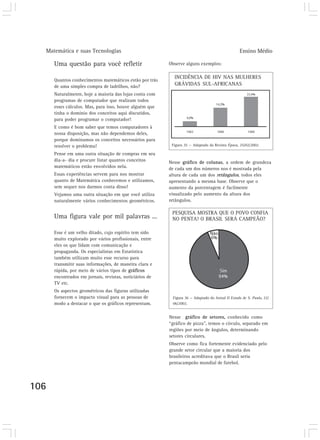 Matemática e suas Tecnologias Ensino Médio 
106 
Uma questão para você refletir 
Quantos conhecimentos matemáticos estão por trás 
de uma simples compra de ladrilhos, não? 
Naturalmente, hoje a maioria das lojas conta com 
programas de computador que realizam todos 
esses cálculos. Mas, para isso, houve alguém que 
tinha o domínio dos conceitos aqui discutidos, 
para poder programar o computador! 
E como é bom saber que temos computadores à 
nossa disposição, mas não dependemos deles, 
porque dominamos os conceitos necessários para 
resolver o problema! 
Pense em uma outra situação de compras em seu 
dia-a- dia e procure listar quantos conceitos 
matemáticos estão envolvidos nela. 
Essas experiências servem para nos mostrar 
quanto de Matemática conhecemos e utilizamos, 
sem sequer nos darmos conta disso! 
Vejamos uma outra situação em que você utiliza 
naturalmente vários conhecimentos geométricos. 
Uma figura vale por mil palavras ... 
Esse é um velho ditado, cujo espírito tem sido 
muito explorado por vários profissionais, entre 
eles os que lidam com comunicação e 
propaganda. Os especialistas em Estatística 
também utilizam muito esse recurso para 
transmitir suas informações, de maneira clara e 
rápida, por meio de vários tipos de gráficos 
encontrados em jornais, revistas, noticiários de 
TV etc. 
Os aspectos geométricos das figuras utilizadas 
fornecem o impacto visual para as pessoas de 
modo a destacar o que os gráficos representam. 
Observe alguns exemplos: 
INCIDÊNCIA DE HIV NAS MULHERES 
GRÁVIDAS SUL-AFRICANAS 
Figura 35 — Adaptado da Revista Época, 25/02/2002. 
Nesse gráfico de colunas, a ordem de grandeza 
de cada um dos números nos é mostrada pela 
altura de cada um dos retângulos, todos eles 
apresentando a mesma base. Observe que o 
aumento da porcentagem é facilmente 
visualizado pelo aumento da altura dos 
retângulos. 
PESQUISA MOSTRA QUE O POVO CONFIA 
NO PENTA! O BRASIL SERÁ CAMPEÃO? 
Figura 36 — Adaptado do Jornal O Estado de S. Paulo, 22/ 
06/2002. 
Nesse gráfico de setores, conhecido como 
“gráfico de pizza”, temos o círculo, separado em 
regiões por meio de ângulos, determinando 
setores circulares. 
Observe como fica fortemente evidenciado pelo 
grande setor circular que a maioria dos 
brasileiros acreditava que o Brasil seria 
pentacampeão mundial de futebol. 
 