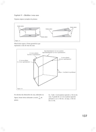 Capítulo V — Medidas e seus usos 
137 
Vejamos alguns exemplos de prismas: 
Figura 17 
Observemos agora a forma geométrica que 
representa a sala de estar da casa: 
Figura 18 
Os cálculos das dimensões da casa, indicados na 
figura, foram feitos utilizando a escala da 
planta: 
Ex. Cada 1 cm da planta equivale a 150 cm da 
casa. A parede de 2,2 cm na planta equivale 
portanto a 2,2 x 150 cm , ou seja, a 330 cm 
(ou 3,3 m). 
 
