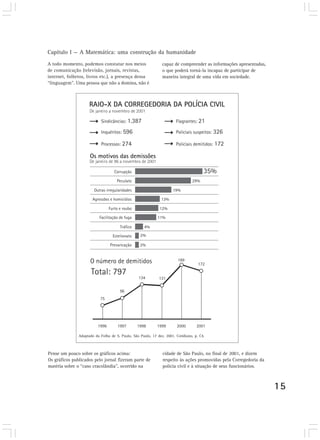 Capítulo I — A Matemática: uma construção da humanidade 
15 
A todo momento, podemos constatar nos meios 
de comunicação (televisão, jornais, revistas, 
internet, folhetos, livros etc.), a presença dessa 
“linguagem”. Uma pessoa que não a domina, não é 
Adaptado da Folha de S. Paulo, São Paulo, 17 dez. 2001. Cotidiano, p. C4. 
Pense um pouco sobre os gráficos acima: 
Os gráficos publicados pelo jornal fizeram parte de 
matéria sobre o “caso cracolândia”, ocorrido na 
capaz de compreender as informações apresentadas, 
o que poderá torná-la incapaz de participar de 
maneira integral de uma vida em sociedade. 
cidade de São Paulo, no final de 2001, e dizem 
respeito às ações promovidas pela Corregedoria da 
polícia civil e à situação de seus funcionários. 
 
