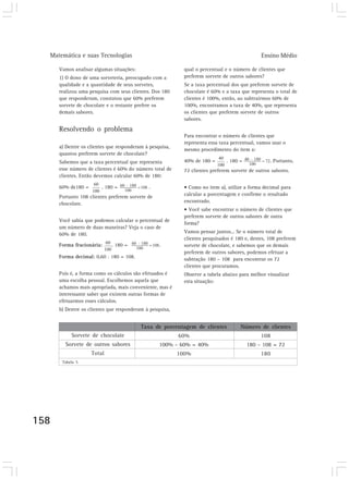 Matemática e suas Tecnologias Ensino Médio 
158 
Vamos analisar algumas situações: 
1) O dono de uma sorveteria, preocupado com a 
qualidade e a quantidade de seus sorvetes, 
realizou uma pesquisa com seus clientes. Dos 180 
que responderam, constatou que 60% preferem 
sorvete de chocolate e o restante prefere os 
demais sabores. 
Resolvendo o problema 
a) Dentre os clientes que responderam à pesquisa, 
quantos preferem sorvete de chocolate? 
Sabemos que a taxa percentual que representa 
esse número de clientes é 60% do número total de 
clientes. Então devemos calcular 60% de 180: 
60% de180 = . 180 = . 
Portanto 108 clientes preferem sorvete de 
chocolate. 
Você sabia que podemos calcular o percentual de 
um número de duas maneiras? Veja o caso de 
60% de 180. 
Forma fracionária: . 180 = . 
Forma decimal: 0,60 . 180 = 108. 
Pois é, a forma como os cálculos são efetuados é 
uma escolha pessoal. Escolhemos aquela que 
achamos mais apropriada, mais conveniente, mas é 
interessante saber que existem outras formas de 
efetuarmos esses cálculos. 
b) Dentre os clientes que responderam à pesquisa, 
qual o percentual e o número de clientes que 
preferem sorvete de outros sabores? 
Se a taxa percentual dos que preferem sorvete de 
chocolate é 60% e a taxa que representa o total de 
clientes é 100%, então, ao subtrairmos 60% de 
100%, encontramos a taxa de 40%, que representa 
os clientes que preferem sorvete de outros 
sabores. 
Para encontrar o número de clientes que 
representa essa taxa percentual, vamos usar o 
mesmo procedimento do item a: 
40% de 180 = . 180 = . Portanto, 
72 clientes preferem sorvete de outros sabores. 
• Como no item a), utilize a forma decimal para 
calcular a porcentagem e confirme o resultado 
encontrado. 
• Você sabe encontrar o número de clientes que 
preferem sorvete de outros sabores de outra 
forma? 
Vamos pensar juntos... Se o número total de 
clientes pesquisados é 180 e, destes, 108 preferem 
sorvete de chocolate, e sabemos que os demais 
preferem de outros sabores, podemos efetuar a 
subtração 180 – 108 para encontrar os 72 
clientes que procuramos. 
Observe a tabela abaixo para melhor visualizar 
esta situação: 
Sorvete de chocolate 
Sorvete de outros sabores 
Total 
Taxa de porcentagem de clientes 
60% 
100% - 60% = 40% 
100% 
Tabela 5 
Número de clientes 
108 
180 - 108 = 72 
180 
 