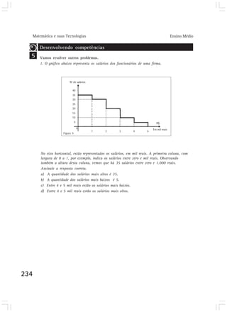 Matemática e suas Tecnologias Ensino Médio 
5 
234 
Desenvolvendo competências 
Vamos resolver outros problemas. 
1. O gráfico abaixo representa os salários dos funcionários de uma firma. 
Figura 9 
No eixo horizontal, estão representados os salários, em mil reais. A primeira coluna, com 
largura de 0 a 1, por exemplo, indica os salários entre zero e mil reais. Observando 
também a altura desta coluna, vemos que há 35 salários entre zero e 1.000 reais. 
Assinale a resposta correta. 
a) A quantidade dos salários mais altos é 35. 
b) A quantidade dos salários mais baixos é 5. 
c) Entre 4 e 5 mil reais estão os salários mais baixos. 
d) Entre 4 e 5 mil reais estão os salários mais altos. 
 