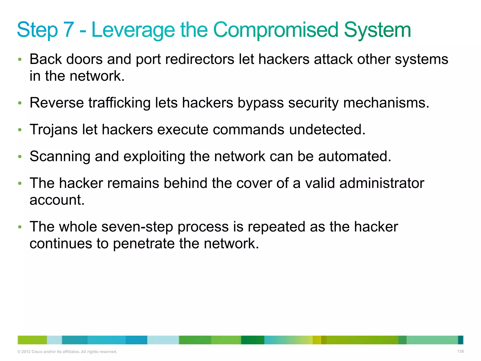 • Back doors and port redirectors let hackers attack other systems

in the network.
• Reverse trafficking lets hackers bypass security mechanisms.
• Trojans let hackers execute commands undetected.
• Scanning and exploiting the network can be automated.

• The hacker remains behind the cover of a valid administrator

account.
• The whole seven-step process is repeated as the hacker

continues to penetrate the network.

© 2012 Cisco and/or its affiliates. All rights reserved.

136

 