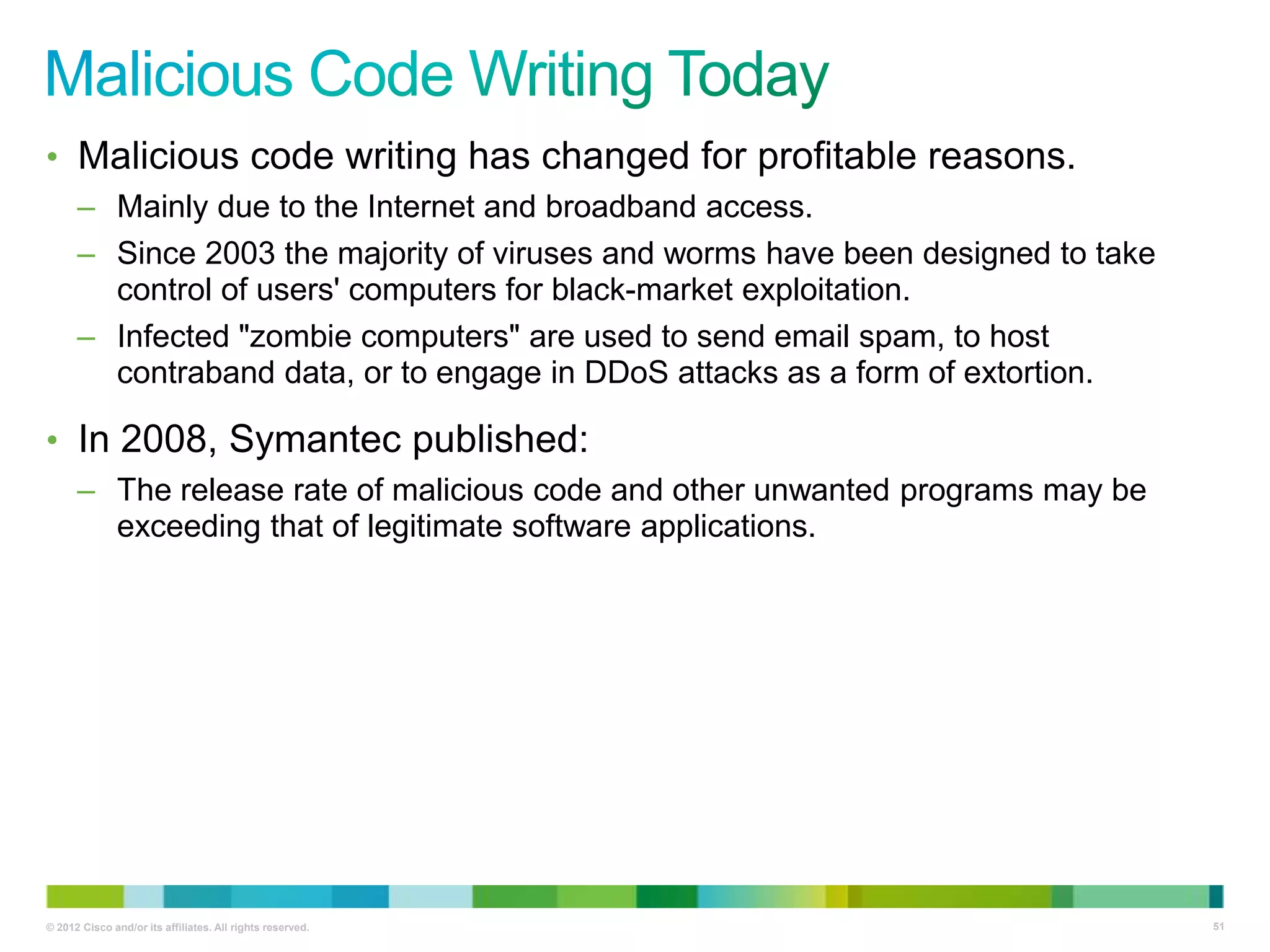 • Malicious code writing has changed for profitable reasons.
– Mainly due to the Internet and broadband access.
– Since 2003 the majority of viruses and worms have been designed to take
control of users' computers for black-market exploitation.
– Infected "zombie computers" are used to send email spam, to host
contraband data, or to engage in DDoS attacks as a form of extortion.

• In 2008, Symantec published:
– The release rate of malicious code and other unwanted programs may be
exceeding that of legitimate software applications.

© 2012 Cisco and/or its affiliates. All rights reserved.

51

 