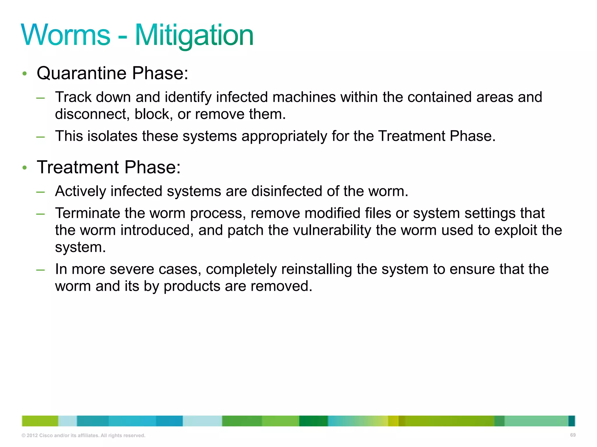 • Quarantine Phase:
– Track down and identify infected machines within the contained areas and
disconnect, block, or remove them.
– This isolates these systems appropriately for the Treatment Phase.

• Treatment Phase:
– Actively infected systems are disinfected of the worm.
– Terminate the worm process, remove modified files or system settings that
the worm introduced, and patch the vulnerability the worm used to exploit the
system.
– In more severe cases, completely reinstalling the system to ensure that the
worm and its by products are removed.

© 2012 Cisco and/or its affiliates. All rights reserved.

69

 