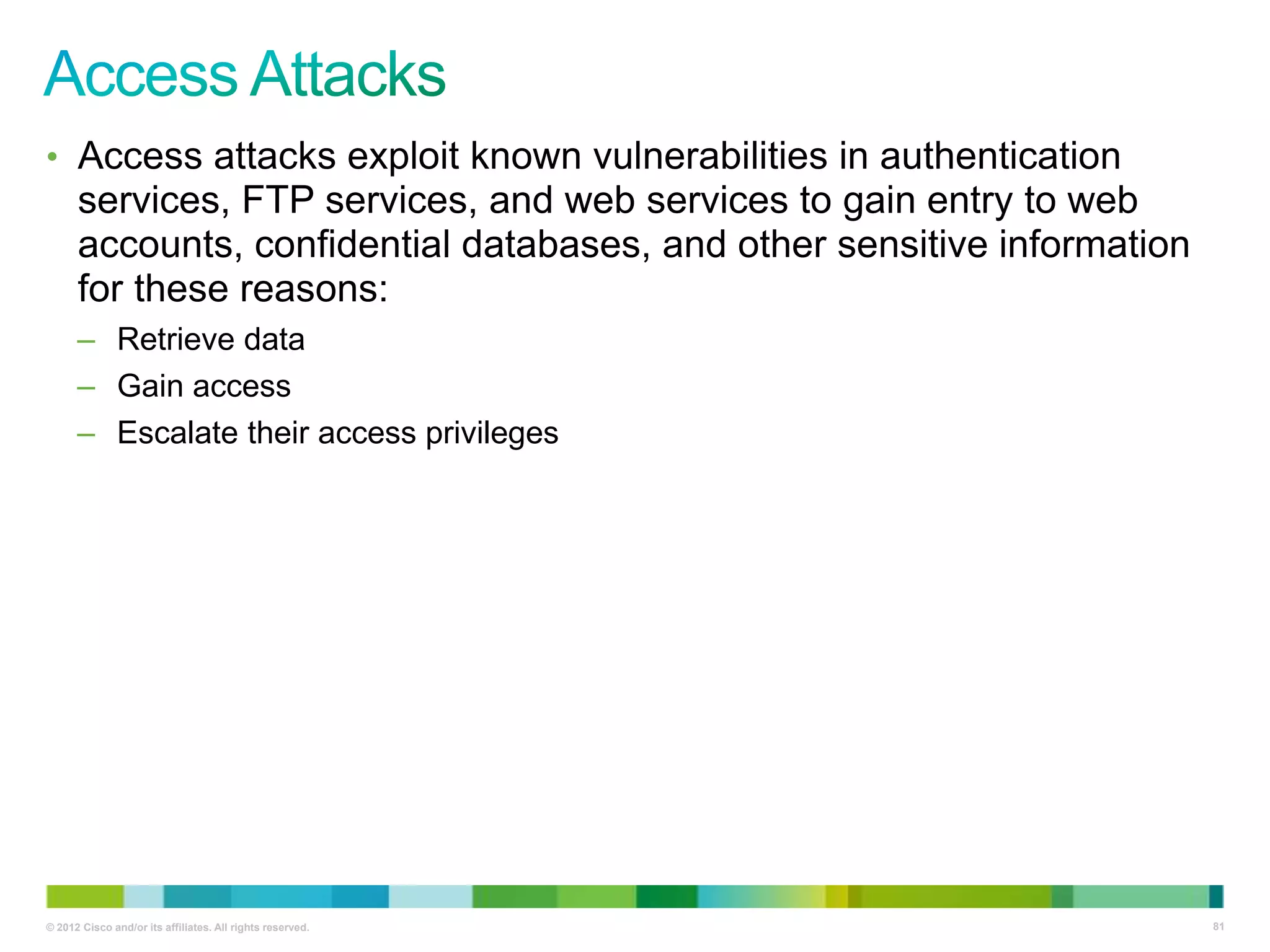 • Access attacks exploit known vulnerabilities in authentication

services, FTP services, and web services to gain entry to web
accounts, confidential databases, and other sensitive information
for these reasons:
– Retrieve data
– Gain access
– Escalate their access privileges

© 2012 Cisco and/or its affiliates. All rights reserved.

81

 