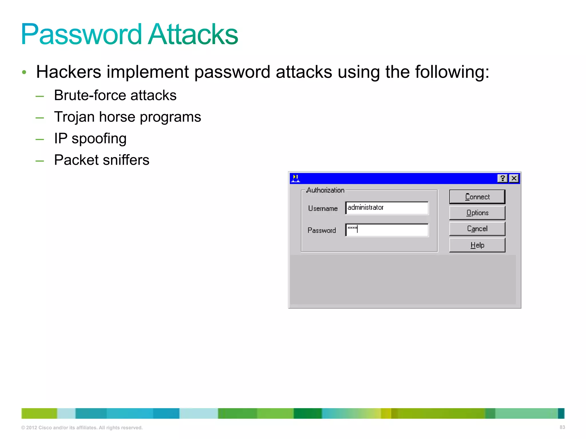 • Hackers implement password attacks using the following:
–
–
–
–

Brute-force attacks
Trojan horse programs
IP spoofing
Packet sniffers

© 2012 Cisco and/or its affiliates. All rights reserved.

83

 