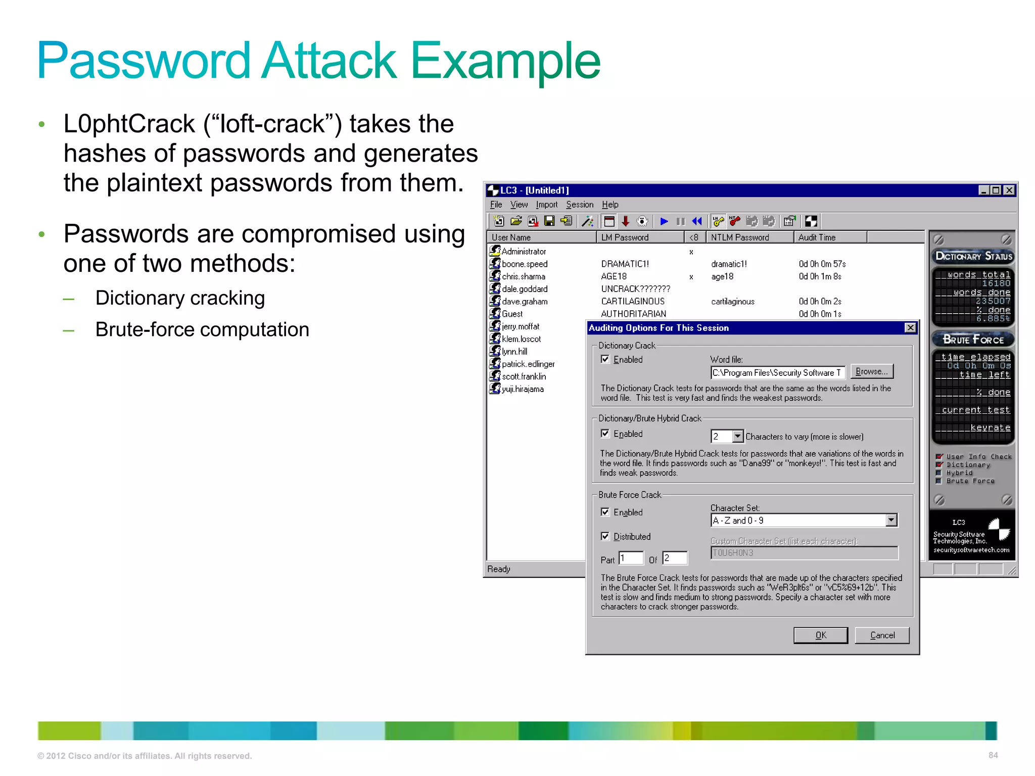 • L0phtCrack (―loft-crack‖) takes the

hashes of passwords and generates
the plaintext passwords from them.
• Passwords are compromised using

one of two methods:
–

Dictionary cracking

–

Brute-force computation

© 2012 Cisco and/or its affiliates. All rights reserved.

84

 