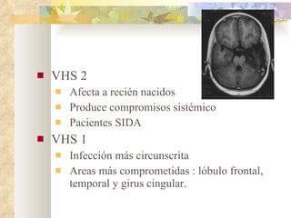 VHS 2 Afecta a recién nacidos Produce compromisos sistémico Pacientes SIDA VHS 1 Infección más circunscrita Areas más comprometidas : lóbulo frontal, temporal y girus cingular. 