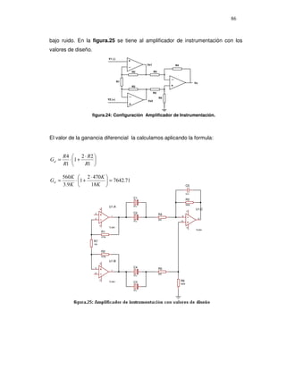 86



bajo ruido. En la figura.25 se tiene al amplificador de instrumentación con los
valores de diseño.
                                   V1 (-)        +
                                                           Vo1                  R4
                                                 _
                                                     R2          R3

                                                                            _
                                            R1                                                     Vo
                                                                            +
                                                     R2

                                                                 R3
                                                 _
                                                                      R4
                                   V2 (+)
                                                           Vo2
                                                 +


                     figura.24: Configuración Amplificador de Instrumentación.




El valor de la ganancia diferencial la calculamos aplicando la formula:


       R4  2 ⋅ R2 
Gd =     ⋅ 1 +    
       R1      R1 

       560K  2 ⋅ 470K 
Gd =         ⋅ 1 +      = 7642.71
       3.9 K       18K                                                                    C5

                                                                                            47n

                                                     C1                                     R3
                                                                                            560k
                                    U1:A             47u
                                                                                                   U1:C
                           4




                                                                                            11




                      3                              C2               R4
                                     1                                                9
                      2                                                                                 8
                                                                      3k9
                                                     47u                             10
                           11




                                    TL084
                                                                                            4




                                                                                                   TL084
                            R1
                            470k

                     R7
                     18k


                            R2
                            470k

                                    U1:B
                           4




                      5                              C4               R5
                                     7
                      6                                               3k9
                                                     47u
                           11




                                    TL084            C3                              R6
                                                                                     560k


                                                     47u
 