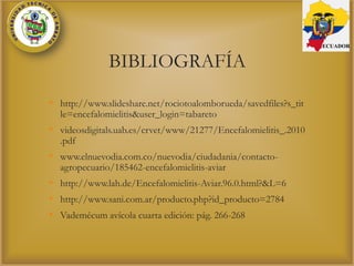 BIBLIOGRAFÍA
• http://www.slideshare.net/rociotoalomborueda/savedfiles?s_tit
le=encefalomielitis&user_login=tabareto
• videosdigitals.uab.es/crvet/www/21277/Encefalomielitis_.2010
.pdf
• www.elnuevodia.com.co/nuevodia/ciudadania/contacto-
agropecuario/185462-encefalomielitis-aviar
• http://www.lah.de/Encefalomielitis-Aviar.96.0.html?&L=6
• http://www.sani.com.ar/producto.php?id_producto=2784
• Vademécum avícola cuarta edición: pág. 266-268
ECUADOR
 