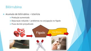 Vias Biliares
Bilirrubina
 Acumulo de bilirrubina = icterícia
 Produção aumentada
 Depuração reduzida / problemas na conjugação no fígado
 Fluxo da bile prejudicado
FígadoHeme
 