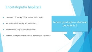Encefalopatia hepática
 Lactulona – 0,5ml/kg TID ou enema (baixa o pH)
 Metronidazol 10* mg/kg BID (reduz bact)
 Amoxicilina 10 mg/kg BID (reduz bact)
 Dieta de baixa proteína se clínica, depois volta a proteica
Reduzir produção e absorção
de Amônia !
 
