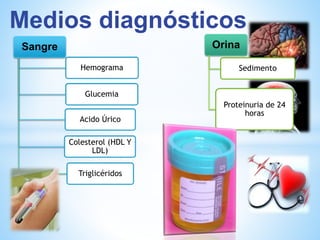 Medios diagnósticos 
Sangre 
Hemograma 
Glucemia 
Acido Úrico 
Colesterol (HDL Y 
LDL) 
Triglicéridos 
Orina 
Sedimento 
Proteinuria de 24 
horas 
 