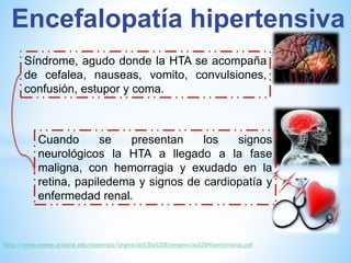 Encefalopatía hipertensiva 
Síndrome, agudo donde la HTA se acompaña 
de cefalea, nauseas, vomito, convulsiones, 
confusión, estupor y coma. 
Cuando se presentan los signos 
neurológicos la HTA a llegado a la fase 
maligna, con hemorragia y exudado en la 
retina, papiledema y signos de cardiopatía y 
enfermedad renal. 
http://www.reeme.arizona.edu/materials/Urgencias%20y%20Emergencias%20Hipertensivas.pdf 
 
