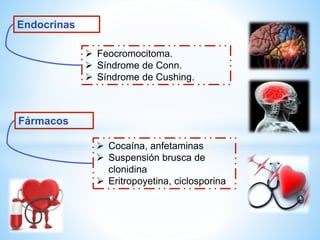 Endocrinas 
 Feocromocitoma. 
 Síndrome de Conn. 
 Síndrome de Cushing. 
Fármacos 
 Cocaína, anfetaminas 
 Suspensión brusca de 
clonidina 
 Eritropoyetina, ciclosporina 
 