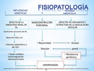 FISIOPATOLOGÍA 
INFLUENCIAS 
GENETICAS + 
FACTORES 
AMBIENTALES 
DEFECTO DE LA 
OMEOSTASIS RENAL DE 
Na 
VASOCONSTRICCIÓN 
FUNCIONAL 
DEFECTOS EN CRECIMIENTO Y 
ESTRUCTURA DE LA MUSCULATURA 
VASCULAR 
Insuficiente excreción de Na 
Retención H2O y sal 
↑ Volumen plasmático y 
del LEC. 
↑ Gasto cardiaco 
(autorregulación 
vasoconstricción) 
↑ Reactividad 
Vascular 
HIPERTENSIÓN 
↑Grosor 
pared 
↑ Resistencia 
periférica 
FISIOPATOLOGÍA DE LA HIPERTENSIÓN ARTERIAL;JTP Médica Patóloga Susana Márquez. JPT Dora Vidonne. Cátedra de Anatomía y Fisiología Patológicas. Facultad de Ciencias Médicas, 
UNR. 
 