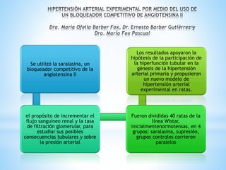 Se utilizó la saralasina, un 
bloqueador competitivo de la 
angiotensina II 
el propósito de incrementar el 
flujo sanguíneo renal y la tasa 
de filtración glomerular, para 
estudiar sus posibles 
consecuencias tubulares y sobre 
la presión arterial 
Los resultados apoyaron la 
hipótesis de la participación de 
la hiperfunción tubular en la 
génesis de la hipertensión 
arterial primaria y propusieron 
un nuevo modelo de 
hipertensión arterial 
experimental en ratas. 
Fueron divididas 40 ratas de la 
línea Wistar, 
inicialmentenormotensas, en 4 
grupos: saralasina, supresión, 
grupos controles corrieron 
paralelos 
 