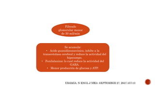 Filtrado
glomerular menor
de 30 mil/min
Se acumula:
• Acido guanidinosuccinico, inhibe a la
transcetolasa cerebral y reduce la actividad del
hipocampo.
• Fenilalanina; lo cual reduce la actividad del
GABA.
• Menor producción de glucosa y ATP.
 