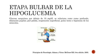 Glucosa sanguínea por debajo de 10 mg/dl, se relaciona como coma profundo,
dilatación pupilar, piel pálida, respiración superficial, pulso lento e hipotonía de los
músculos.
Principios de Neurologia. Adams y Victor. McGraw Hill. 8va edición. 2005.
 
