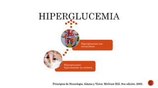 Hiperglucemia
hiperosmolar no cetósica.
Hiperglucemia con
cetoacidosis
Principios de Neurologia. Adams y Victor. McGraw Hill. 8va edición. 2005.
 
