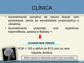 CLÍNICA
• Acometimento sensitivo de coluna dorsal, com
parestesias, perda da sensibilidade propioceptiva e
vibratória;
• Acometimento piramidal, com hipertonia,
hiperrreflexia, paresia e Babisky +;
• VCM > 100 e déficit de B12 com ou sem
Gastrite atrófica;
ACHADOS MAIS TARDIOS!
Déficit cognitivo e depressão podem estar associados;
 