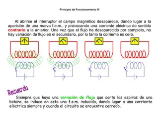 10/264
Principio de Funcionamiento III
Al abrirse el interruptor el campo magnético desaparece, dando lugar a la
aparición de una nueva f.e.m., y provocando una corriente eléctrica de sentido
contrario a la anterior. Una vez que el flujo ha desaparecido por completo, no
hay variación de flujo en el secundario, por lo tanto la corriente es cero.
Siempre que haya una variación de flujo que corta las espiras de una
bobina, se induce en esta una f.e.m. inducida, dando lugar a una corriente
eléctrica siempre y cuando el circuito se encuentre cerrado.
 
