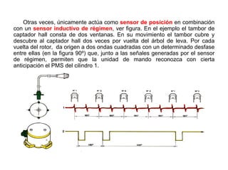 108/264
Otras veces, únicamente actúa como sensor de posición en combinación
con un sensor inductivo de régimen, ver figura. En el ejemplo el tambor de
captador hall consta de dos ventanas. En su movimiento el tambor cubre y
descubre al captador hall dos veces por vuelta del árbol de leva. Por cada
vuelta del rotor, da origen a dos ondas cuadradas con un determinado desfase
entre ellas (en la figura 90º) que, junto a las señales generadas por el sensor
de régimen, permiten que la unidad de mando reconozca con cierta
anticipación el PMS del cilindro 1.
 