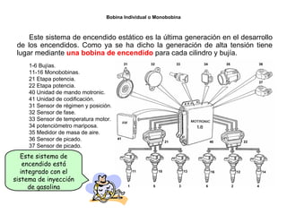 162/264
Bobina Individual o Monobobina
Este sistema de encendido estático es la última generación en el desarrollo
de los encendidos. Como ya se ha dicho la generación de alta tensión tiene
lugar mediante una bobina de encendido para cada cilindro y bujía.
1-6 Bujías.
11-16 Monobobinas.
21 Etapa potencia.
22 Etapa potencia.
40 Unidad de mando motronic.
41 Unidad de codificación.
31 Sensor de régimen y posición.
32 Sensor de fase.
33 Sensor de temperatura motor.
34 potenciómetro mariposa.
35 Medidor de masa de aire.
36 Sensor de picado.
37 Sensor de picado.
Este sistema de
encendido está
integrado con el
sistema de inyección
de gasolina
 